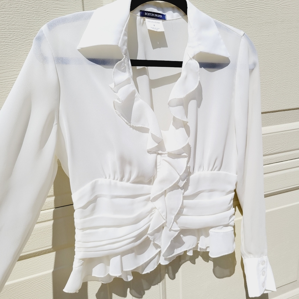 Boston Proper White Ruffled Silky Blouse size 8 - Picture 3 of 8